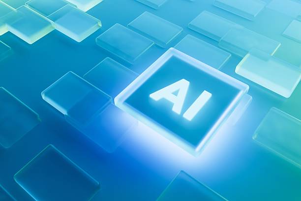 istock AI, artificial intelligence logo on abstract blue glass geometric rectangles background. 2217124440
