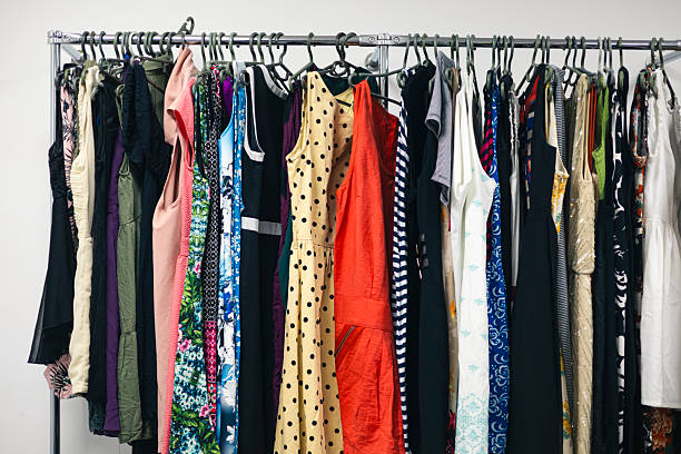 istock Clothing on hangers in the second-hand, sustainable, zero waste wardrobe. 2217125753