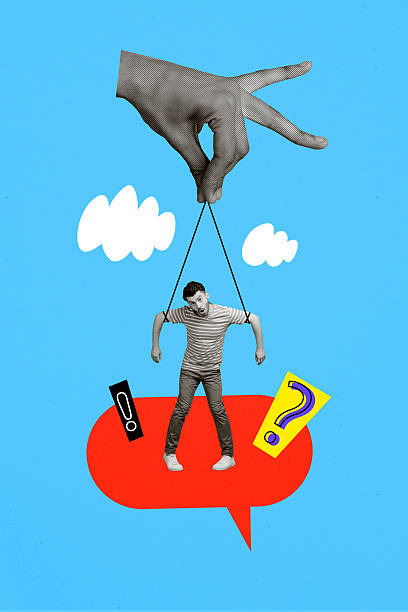 istock Composite artwork sketch image photo collage of silhouette hands hold rope puppet man confused speech cloud quote sms message chatting 2217128869