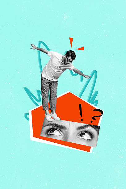 istock Vertical creative image collage young man balance falling down face fragment vision eyesight unsure uncertain question mark 2217128881