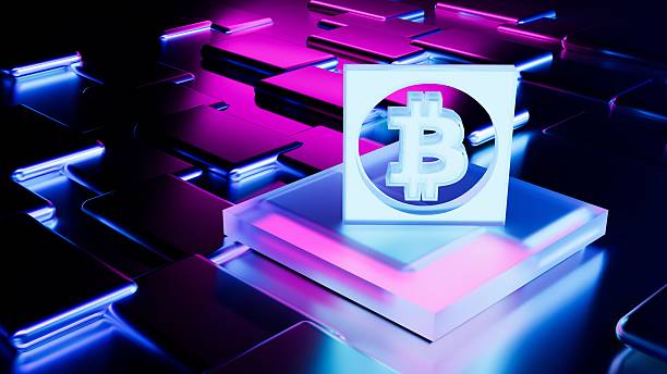 bitcoin logo on dark abstract neon blue metal background. 3d render Cryptocurrency concept