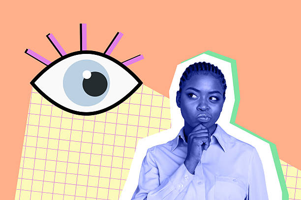 istock Creative collage thoughtful young woman think decide guess touch chink eyeball vision stare watch superintend control drawing background 2217130445