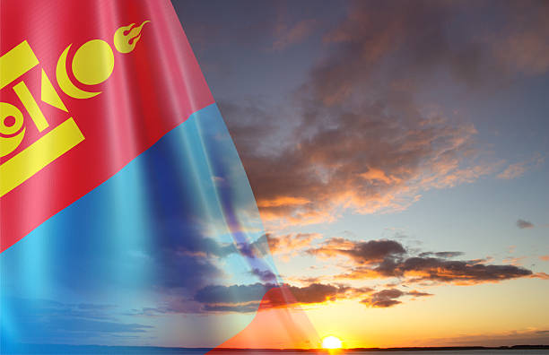 National flag soaring in sky, Flag waving proudly above clouds at sunrise