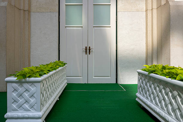 A small path covered in green carpet, with flower pots planted on both sides, leads to a white door. The scene is meticulously crafted, evoking a sense of tranquility and precision. Ideal for showcasing architectural or landscaping concepts.
