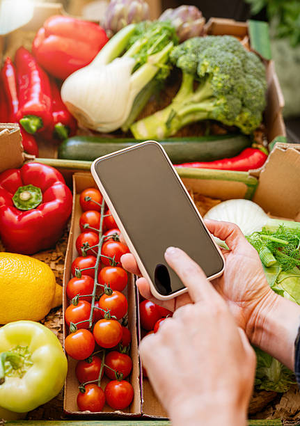 istock Mobile phone in hands above fresh organic vegetables boxes 2217145425