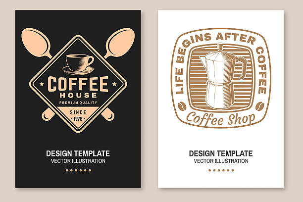Set of Restaurant and Coffee shop flyer, poster, banner design. Vector. Concept for cafe and restaurant logo, brand, label with cup and coffee maker. International coffee day Set of Restaurant and Coffee shop flyer, poster, banner design. Vector. Concept for cafe and restaurant logo, brand, label with cup and coffee maker. International coffee day. luxury coffee machine stock illustrations