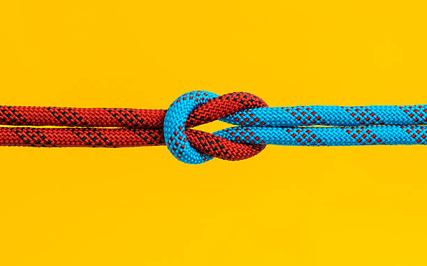 istock Red and blue ropes with reef knot isolated on yellow background 2217145478