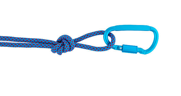 istock Blue carabiner with robe isolated on white background 2217145481
