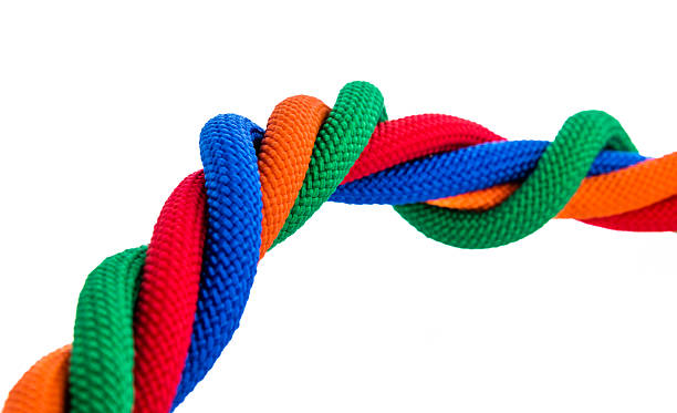 istock Four colorful twisted ropes together on white background 2217145487