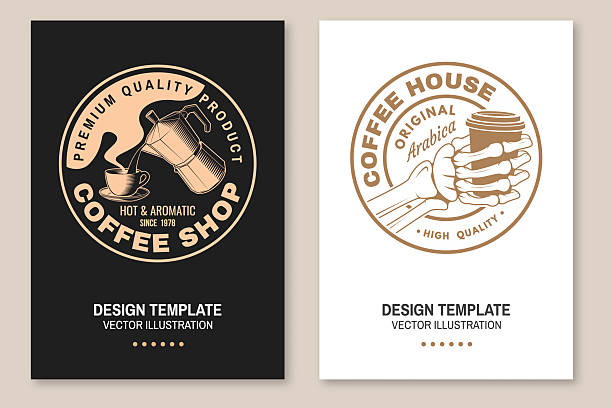 Set of Restaurant and Coffee shop flyer, poster, banner design. Vector. Concept for cafe and restaurant logo, brand, label with human skeleton hand holding coffee cup, cup coffee maker. International coffee day