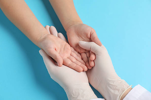 istock Doctor and child on light blue background, above view 2217146157