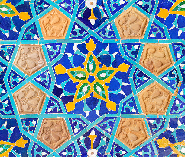 istock Old tiles background. Vintage colored ceramics with a pattern on the facade 2217156256