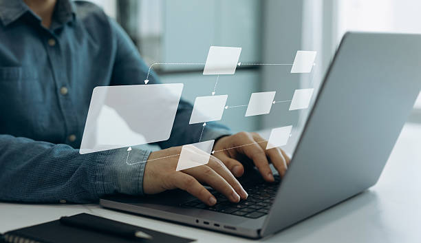 istock Scheme hierarchy management of corporate. Digital technology of business process and workflow automation with flowchart and processing management 2217156555