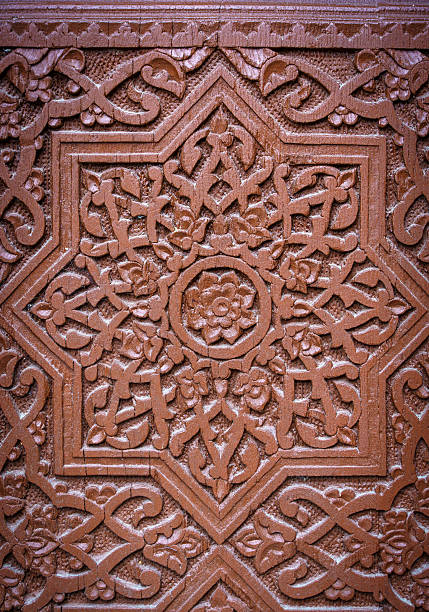 istock Wooden carving ornament decorative background. Geometric pattern on wooden facade 2217156814