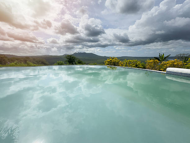 Water in pool mirrors dramatic clouds and distant mountains during a peaceful sunset, showcasing nature's beauty.