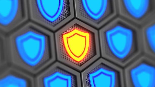 Futuristic digital background with unique glowing yellow shield. Protection against hacker attacks and data breach. Safe your data. Internet security and privacy concept. 3d illustration