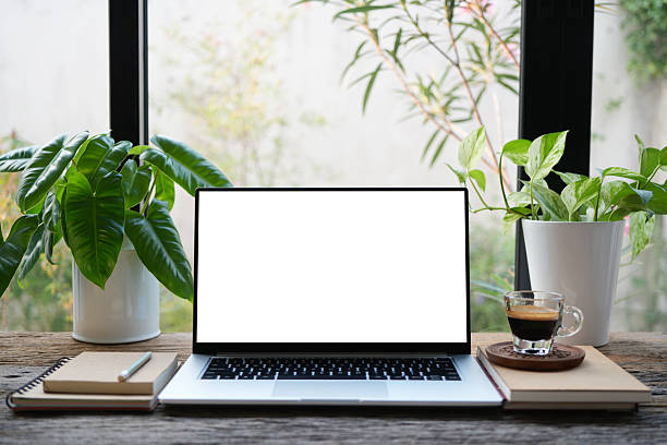 istock Laptop with white screen and coffee drink and plants, cozy indoor work space 2217161946
