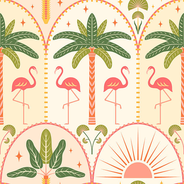 Tropical beach seamless pattern vector illustration. Flamingos, palm trees, sun in Art deco arches on a light background. Summer island vacation vibes repeat tile design in modern symmetrical style