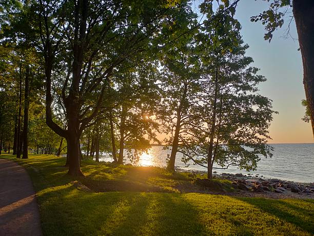 istock Park path by the water at sunset. 2217165090