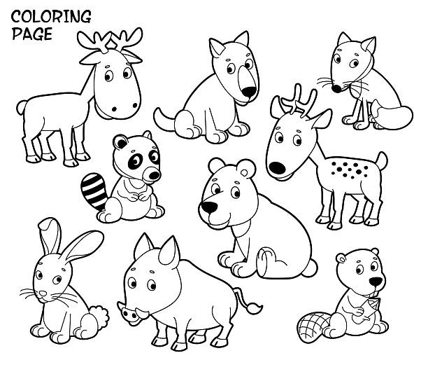 Coloring page with cute animals Coloring page for children with cute animals, black outlines on a white background. how to draw a moose drawing stock illustrations