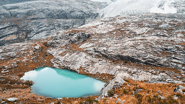 Glacial lagoon on edge of glaciated mountain