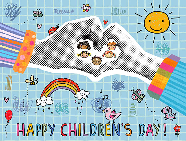Cute Happy Children's Day Collage Poster or Greeting Card with Halftone Hands and Stick Figure Kids Drawings