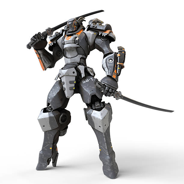 istock 3d render of mech samurai warrior standing and holding two swords. Robot with a katana on his shoulder. Futuristic robot with white and gray color metal. Sci-fi Mech Battle. White background. 2217188065
