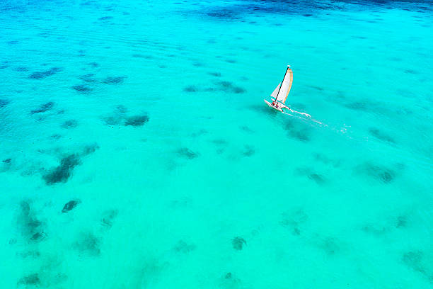 beautiful holiday seascape with crystal clear turquoise color water, Indian ocean, blue sky and traditional wooden sail boat