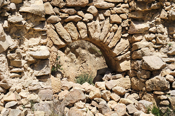 Ancient stone archway in ruined wall surrounded by nature.