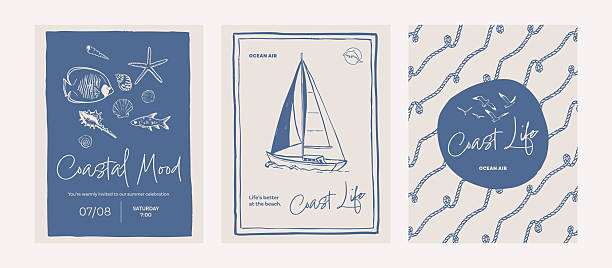Coastal doodle card set. Event invitation poster template. Summer holiday drawings. Hand drawn illustration of boat, rope and sea life. Graphic ink style sketch.
