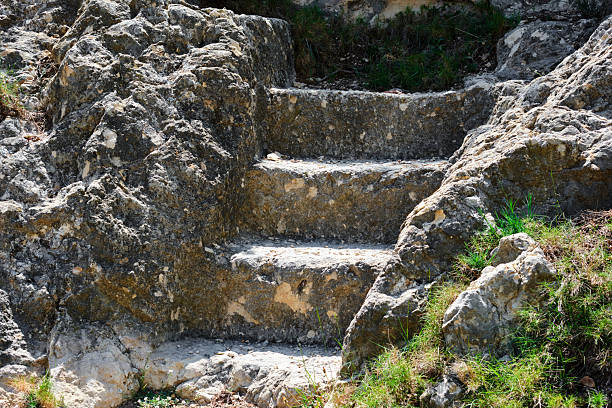Natural stone stairway embedded in rock formation outdoors