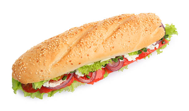 istock Delicious baguette sandwich with salmon isolated on white 2217199227