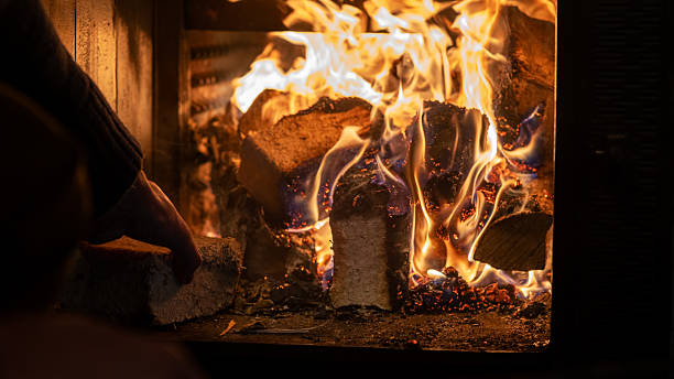 istock Eco-friendly compressed wood briquettes ignite a warm, inviting fire in a modern stove, showcasing sustainable heating and cozy ambiance for any home 2217215359