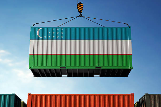 istock Uzbekistan trade cargo container hanging against clouds background 2217219331