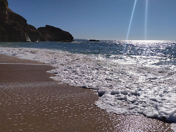 istock Coastal view of waves gently washing onto a sandy beach, backed by rugged cliffs under a bright, sunny sky. Evokes serenity, escape, and the power of nature. 2217224588