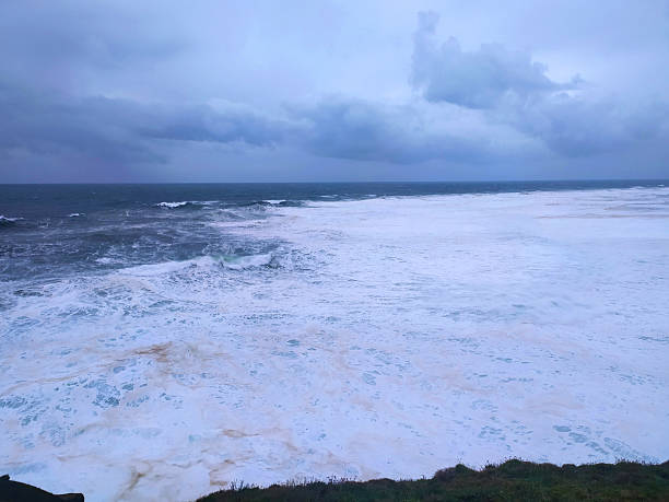 Dramatic seascape under a stormy sky. Crashing waves create a powerful, foamy scene. Ideal for travel, weather, or environmental themes. Evokes a sense of awe.