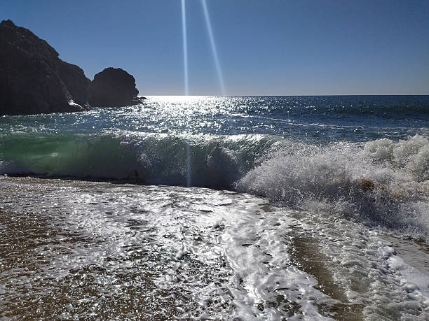 Ocean wave crashing on a sandy beach with rocky headland, under a bright sun. Evokes feelings of freedom, power, and natural beauty. Ideal for travel or nature themed projects.