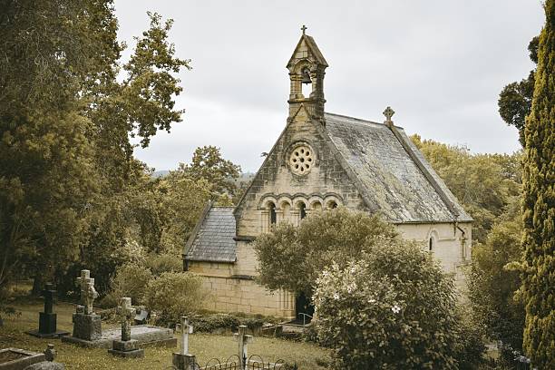 A historic stone chapel surrounded by trees and gravestones under a cloudy sky, evoking a serene and timeless atmosphere.