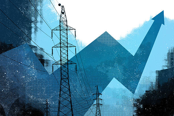 power transmission towers and upward trending blue arrow rising electricity prices and demand stock photo