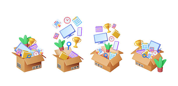 istock Set of 3d vector illustrations of business items appearing from a cardboard box, symbolizing relocation, new job, or office move concepts. 2217248797