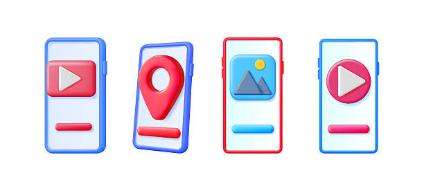 istock Digital smartphone screens displaying various app icons like video player, location pin, and image gallery. Modern mobile technology for multimedia and navigation. 2217248974