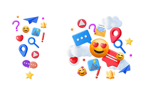 istock Social media notification icons and emojis floating on white background. Digital message and internet communication platform concept. 2217249258