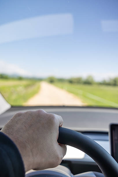 istock POV Driving on Rural Dirt Road with Green Fields and Blue Sky 2217249448