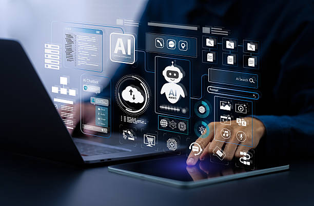 AI agent and generative artificial intelligence concept. Businessman using AI agents on screen, including chatbots, AI assistants, and data analytics tools on a laptop. LLM, Ai agentic workflows. stock photo