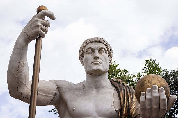 Close-up of a reproduction of the colossal statue of Emperor Constantine the Great, displayed outdoors in Rome, Italy
