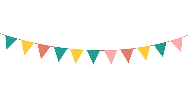 istock Colorful bunting flags on string for birthday party decoration, holiday anniversary fabric garland design, modern festive hanging decor. Isolated. Vector illustration. 2217262046
