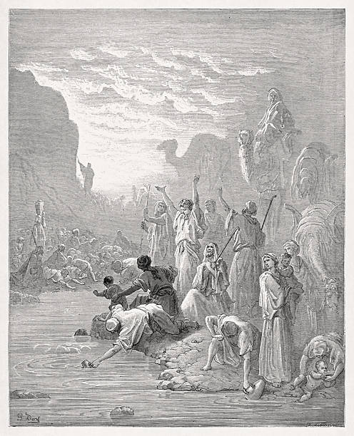 Engraving by Gustave Doré representing Moses strikes the rock at Horeb.