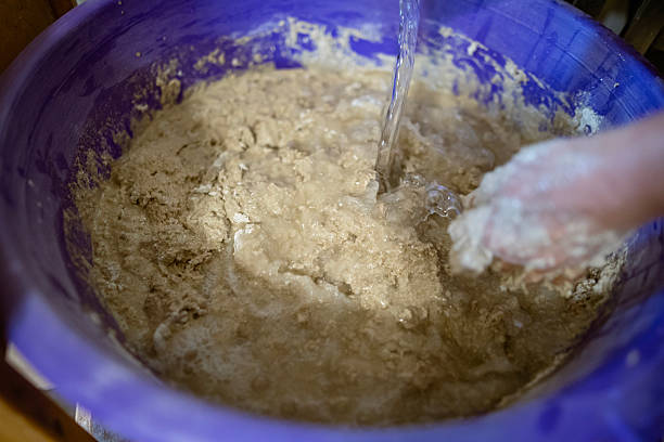 istock Hands kneading dough in a large plastic container during the process of preparing homemade bread. The dough is sticky and textured, showing active mixing. 2217268505