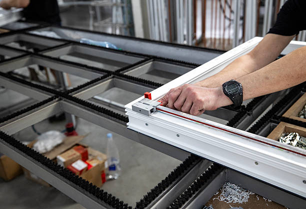 Production area for metal-plastic or PVC windows, commonly known as vinyl windows. A worker is installing locks onto a window frame using red clamps and a fastening tool.
