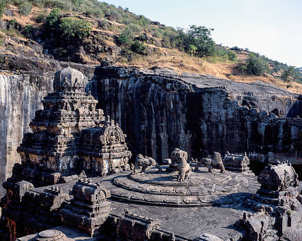 The Kailasa Temple at Ellora is a remarkable rock-cut monument carved out of a single volcanic basalt rock.